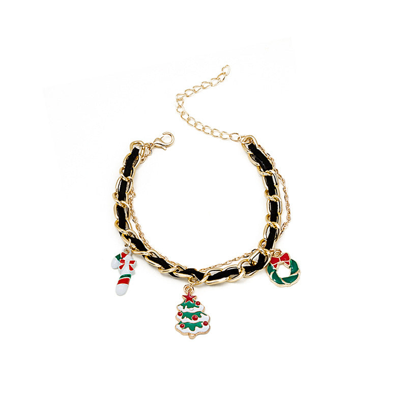 Wholesale Christmas Oil Drop Christmas Tree Snowman Cane Pendant Multi-layer Chain Bracelet